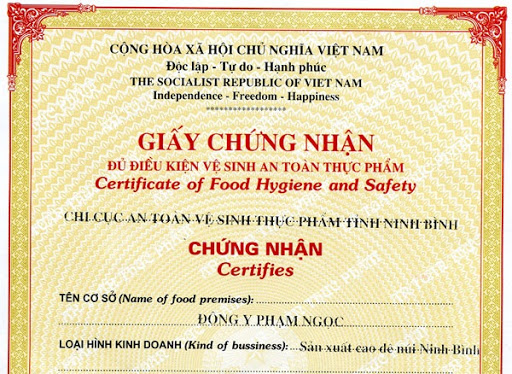 giấy chứng nhận vệ sinh an toàn thực phẩm